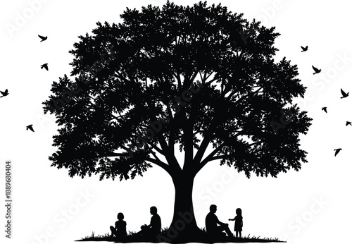 Silhouette of family sitting under big tree with flying birds, peaceful nature scene, relaxing outdoors, bonding, childhood, calm vector illustration.