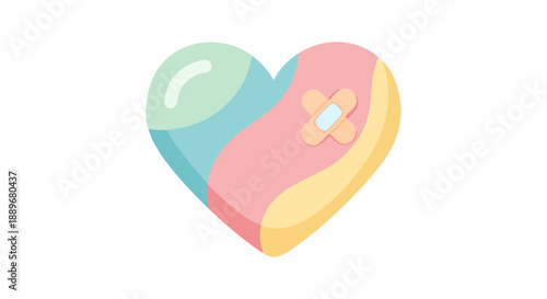 Simple 2D cartoon heart with band-aid covering pink and yellow sections, divided into blue, graphic design element