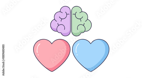 Cartoon illustration showcasing a split brain with purple and green halves along with pink and blue hearts in a minimalist design emphasizing simplicity and clarity