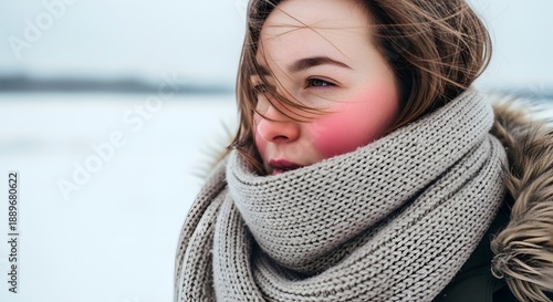 Young woman with rosy cheeks facing the harsh icy wind, embodying the severe wind chill factor concept in a cold winter landscape