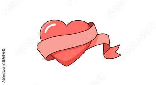 Cartoon-Style Red Heart with Flowing Ribbon – Minimalist Love Symbol Illustration in Central Position