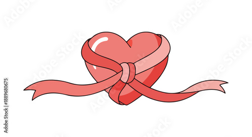 Stylized Illustration of a Glossy Red Heart Tied with a Flowing Ribbon in a Cartoony Style, Featuring a Reflective Surface and Romantic Symbolism