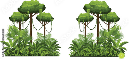 Tropical rainforest jungle illustration with lush green trees, hanging vines, dense foliage and exotic plants, natural forest landscape design isolated on white background