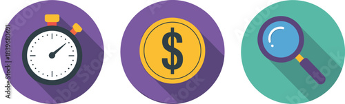 Time icon, money symbol, magnifying glass, flat design, business concept, finance, analysis, search, economy, infographic, UI, UX, digital, strategy, planning, budget, audit, vector illustration