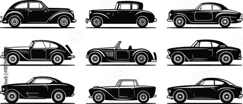 Vintage car silhouettes, classic automobile icons, retro vehicle set, side profile, old car desible,
