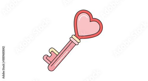 Simplified Bold Stylized Cartoon Key with Heart Shape Illustration in Vibrant Colors on White Background Featuring Clean Lines and Minimalist Design Eliciting Whimsical Elegance