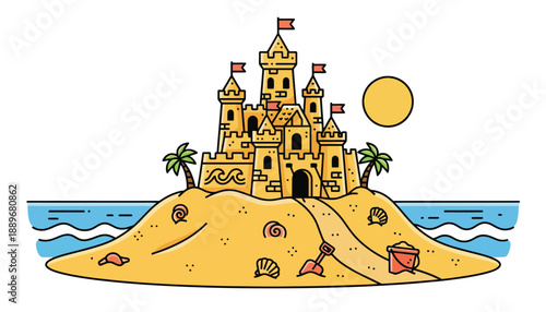 Detailed cartoon illustration of a grand sandcastle on a sunny beach with blue waves complete with towers flags and palm trees evoking a sense of summer vacation fun and childhood