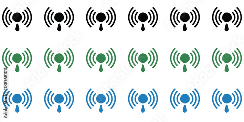 Clean wireless signal icon set, showcasing black, green, and blue icons representing varying connectivity levels for router, coverage, and communication graphics.