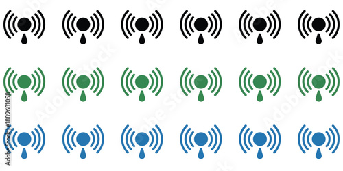 Wireless signal icon set, featuring multiple connectivity levels in black, green, and blue for network, Wi-Fi, and communication design.