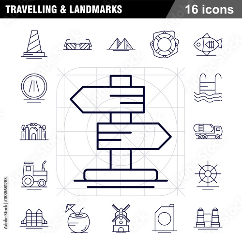 Global Navigation and Landmarks 16 Minimalist Line Art Travel Icons for Tourism Agencies, Logistics Apps and Hospitality Branding