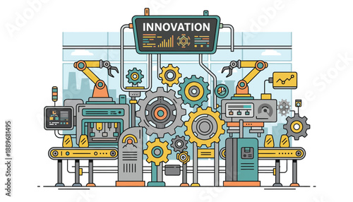 Innovation machine concept automated production line with robotic arms assembling gears conveyor belts and a sign reading 'innovation' against a light blue and white background