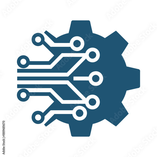 Blue gear with circuit board lines and circles on white background icon