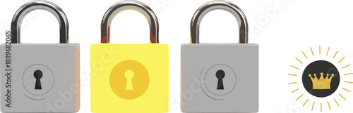 Three padlock icons and premium crown badge symbolizing data protection cybersecurity privacy safety and secure access concepts