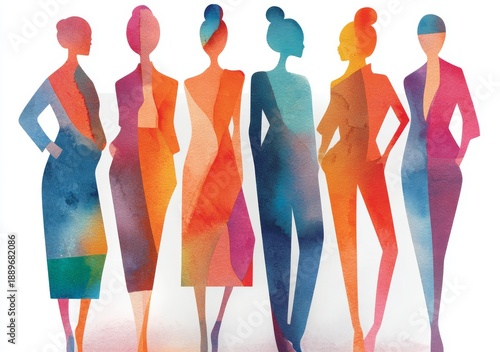 Silhouetted in watercolor, women in business clothing stand side by side