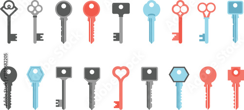 Colorful collection of vintage and modern key icons illustrating security access locksmith services and property protection concepts