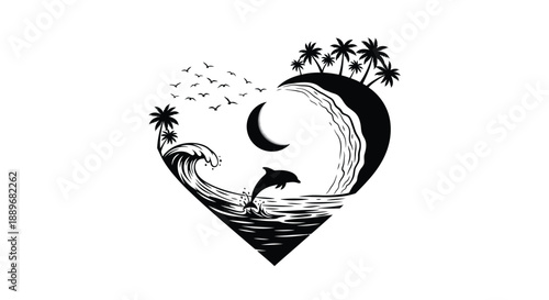 Heart shaped tropical island landscape with dolphin jumping out of wave and crescent moon