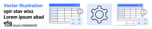 Spreadsheet interfaces with data tables, gear icon symbolizing automation. Ideal for finance, data analysis, workflow optimization, software, business solutions, teamwork, simple landing page