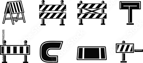 Road construction barrier icon set featuring striped barricades, traffic blockers, safety signs, and temporary street obstacles