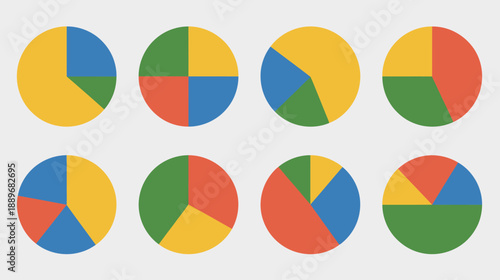 Colorful pie charts vector, featuring data visualization and statistical infographic graphs for business, finance, marketing, and presentation graphics.