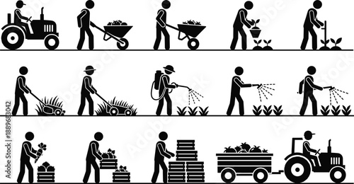 Farming process silhouette illustration showing planting watering harvesting transporting crops and agricultural work cycle
