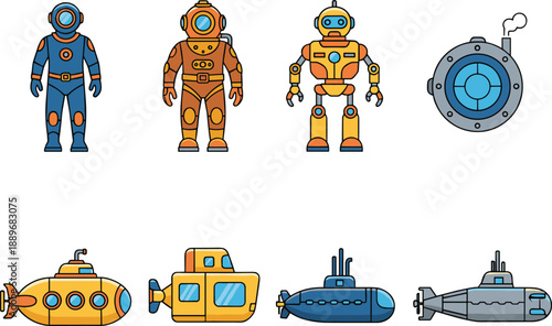Retro underwater exploration vector set with divers robots submarines and deep sea equipment isolated on white for ocean science adventure and technology design