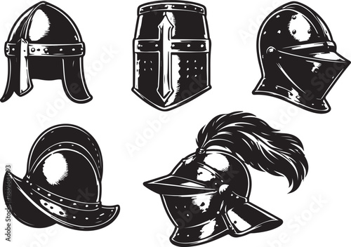 Medieval Knight Helmets Set in Black Silhouette Illustration