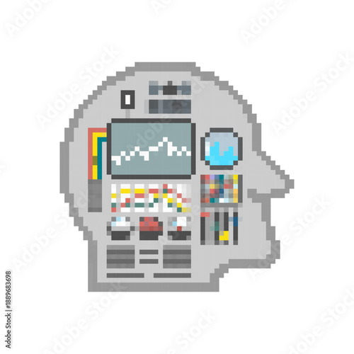 Pixel art of a human head in profile, containing complex machinery and monitors. Concept of Artificial Intelligence (AI), mind control, mental health, or cognitive processing in a retro pixel style