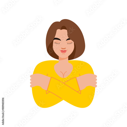 woman embracing herself with crossed arms, symbolizing self-care, self-love, emotional support, and mental strength. Represents self-acceptance and healing