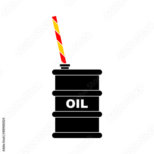 Barrel of crude oil with a drinking straw placed inside. Concept of energy consumption, addiction to fossil fuels, or environmental issues