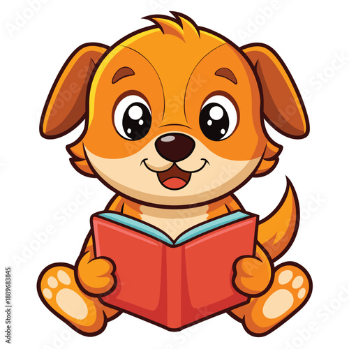 Cute puppy reading a book cartoon illustration