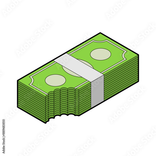 US dollar bills with a bite mark. Symbolizes profit loss, missed financial opportunity, or asset depreciation in a 3D flat style