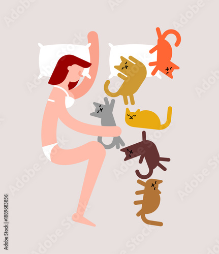 single woman sleeping with multiple catsin her bed. Represents a "cat lady" lifestyle, solitude, and finding comfort or emotional support in animal companionship.