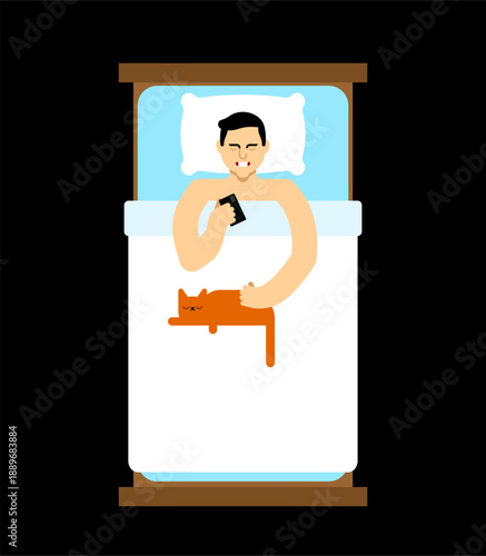 man in bed scrolling through social media on his smartphone before sleep, with a cat resting nearby. Represents digital detox issues, night routine, or reliance on technology