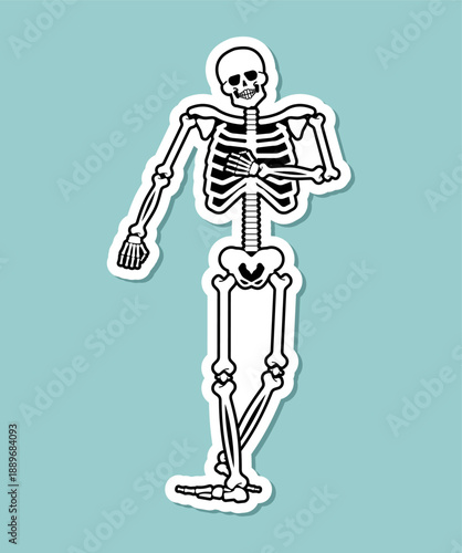 skeleton figure walking slowly on a light blue background. Represents anatomy, death, health, Halloween, or a funny medical concept