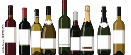 Wine bottle illustration collection with red white sparkling and champagne varieties arranged for beverage display