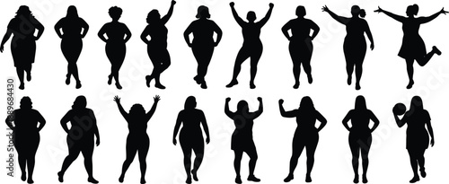 Body positive female silhouettes set, diverse plus size women poses, empowerment confidence concept illustration on white background