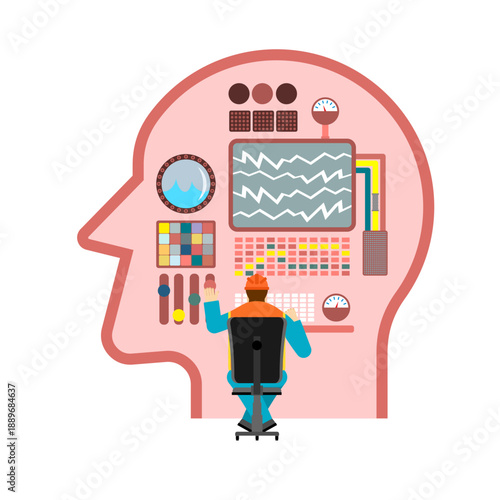 Artificial Intelligence control and machine learning. A man operates a complex mechanism inside a stylized head, symbolizing AI training and development