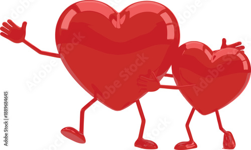 Two walking heart cartoon characters waving representing love friendship romance companionship and Valentine celebration concept