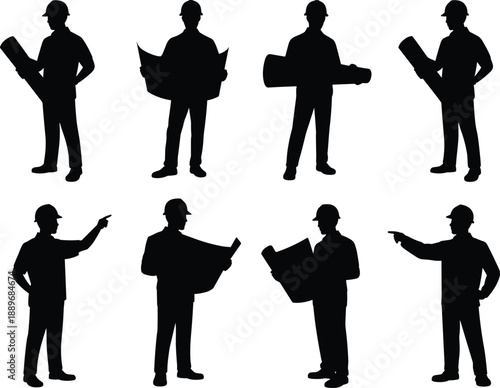 Construction worker silhouettes set, engineer and architect holding blueprints, industrial safety teamwork concept illustration isolated