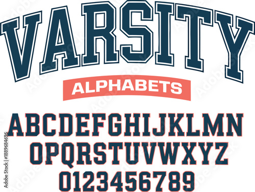 Bold varsity style alphabet letters in blue and red