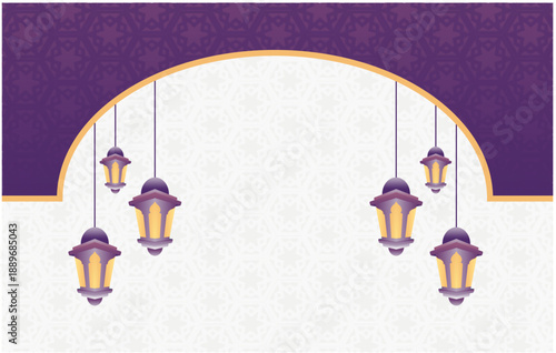 Hanging Islamic Lanterns Ramadan Background with Purple and Gold Curves