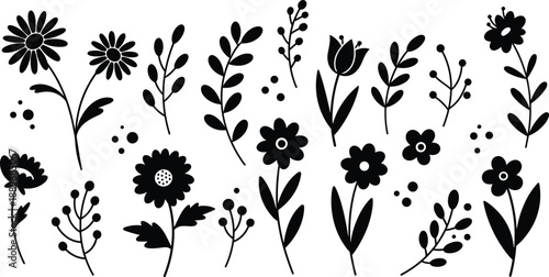 Floral silhouette icon set, botanical vector, editable stroke, black flower design, petal shapes, leaf elements, decorative graphic