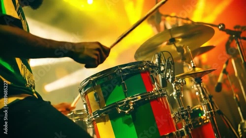 A drummer plays a colorful kit under stage lights.  The drum set features vibrant green, yellow, and red