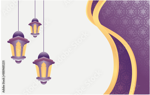Hanging Islamic Lanterns Ramadan Background with Purple and Gold Curves