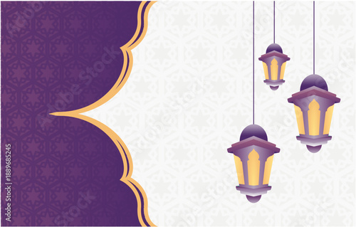 Hanging Islamic Lanterns Ramadan Background with Purple and Gold Curves