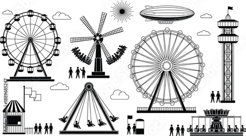 Amusement park silhouette illustration with ferris wheel rides windmill tower swing carousel and festival attractions