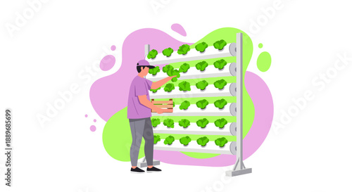 Farmer tending to vertical hydroponic farm growing fresh produce.