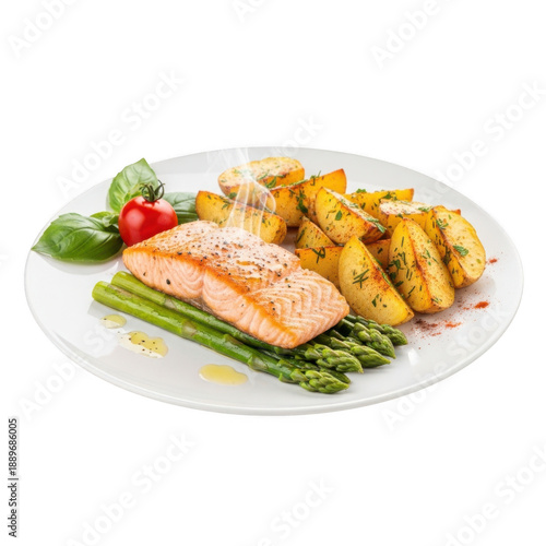 Grilled salmon with roasted potatoes and asparagus
