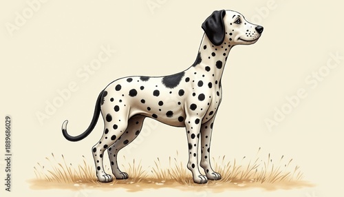 Illustration of a standing Dalmatian dog with a playful demeanor on a light background
