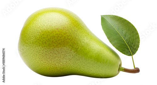 Single fresh green pear fruit with leaf on transparent background